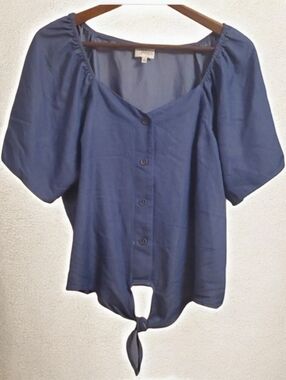 Ava James Blue Blouse Womens Size 1X Lightweight Tie Waist Euro Summer